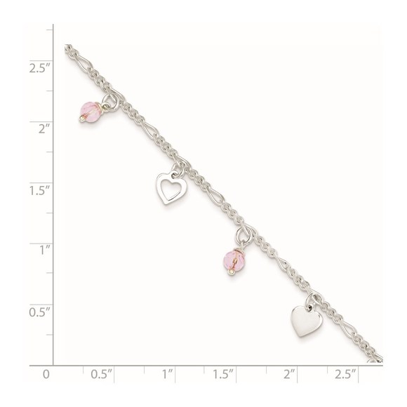 925 Sterling Silver Pink Glass Beads and Hearts Charms 9" Anklet 1" extension - Picture 2 of 8